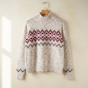 LOFT Confetti Flecked Fair Isle Sweater Mock Neck Pink Cream Multi Knit Size L